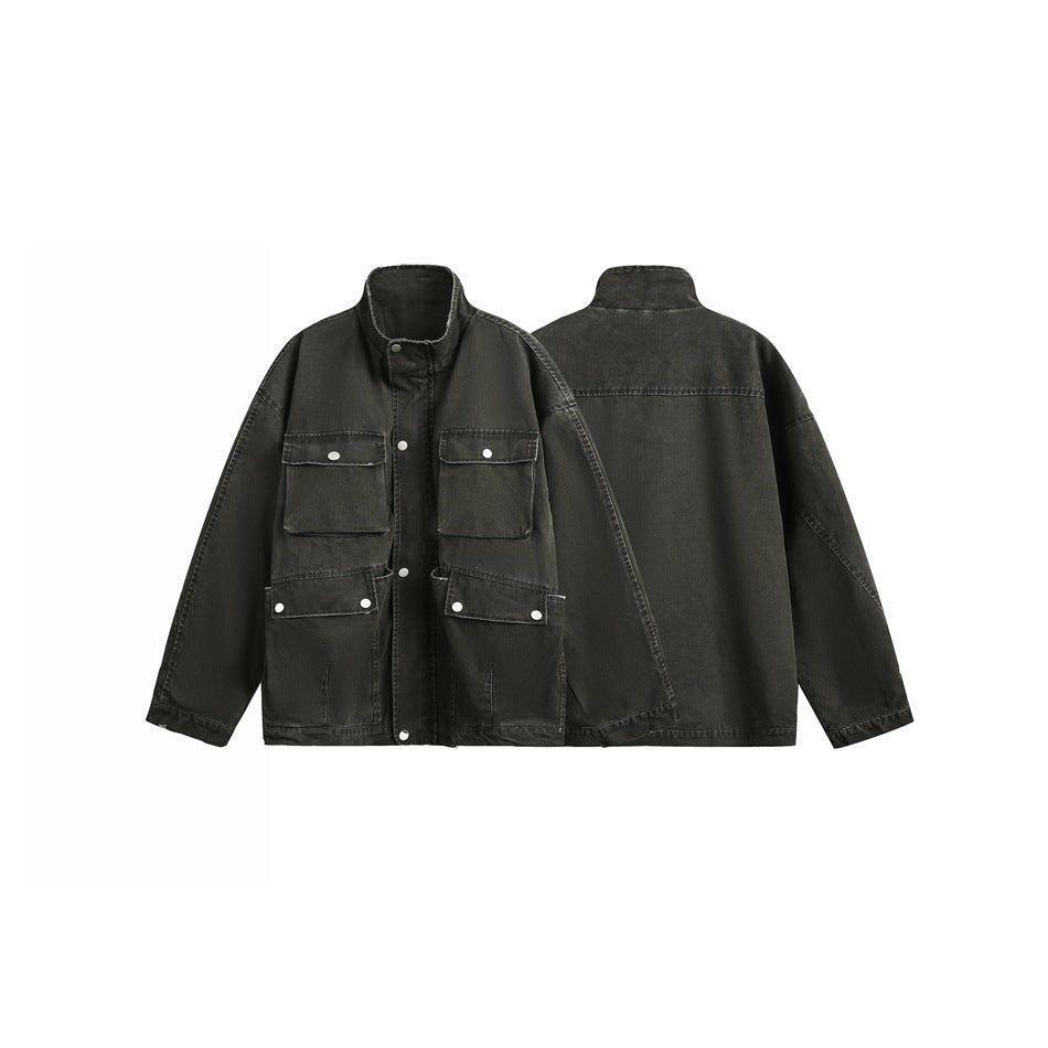 Charcoal utility jacket shown from the front and back, with a stand collar, snap closure, and four flap pockets.