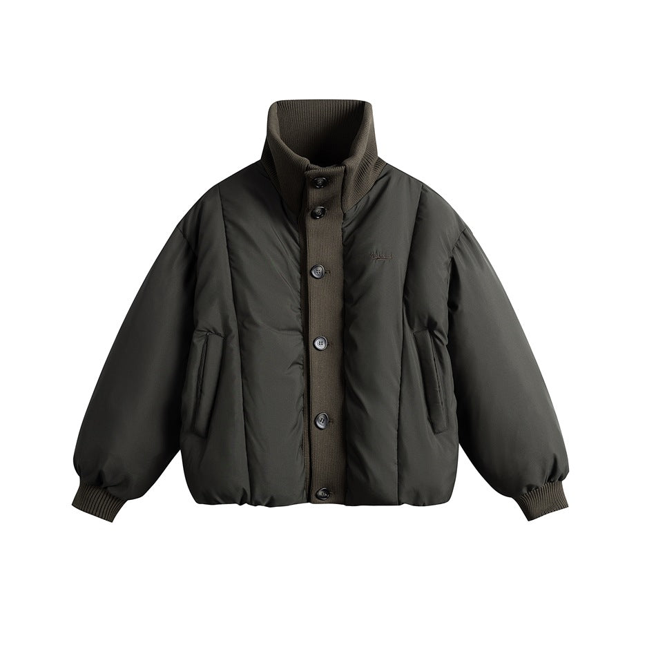 Dark army green puffer jacket with ribbed stand collar, button front, side pockets and ribbed cuffs, front view