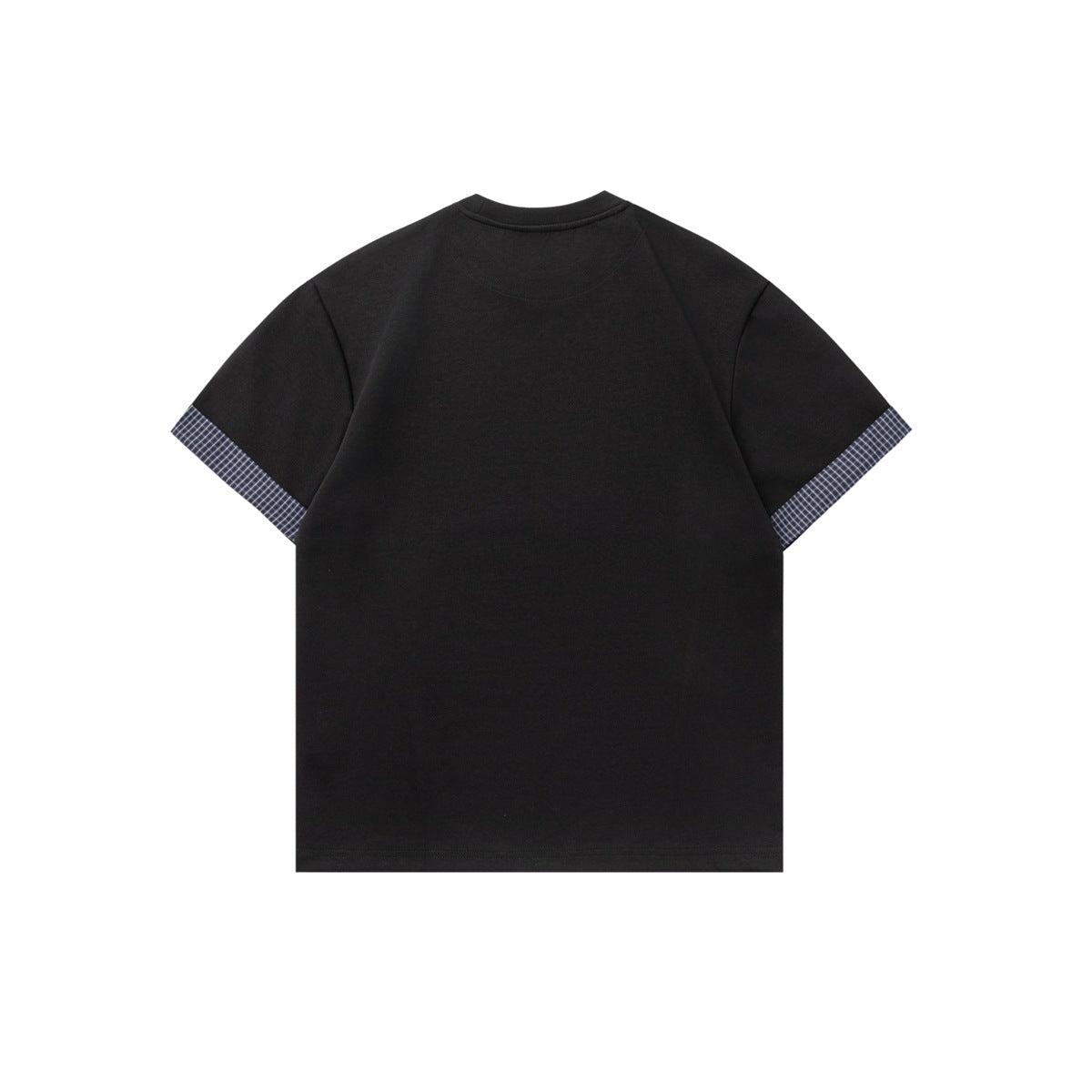 Back view of a black short-sleeve crew-neck T-shirt with dark plaid trim at the sleeve cuffs.