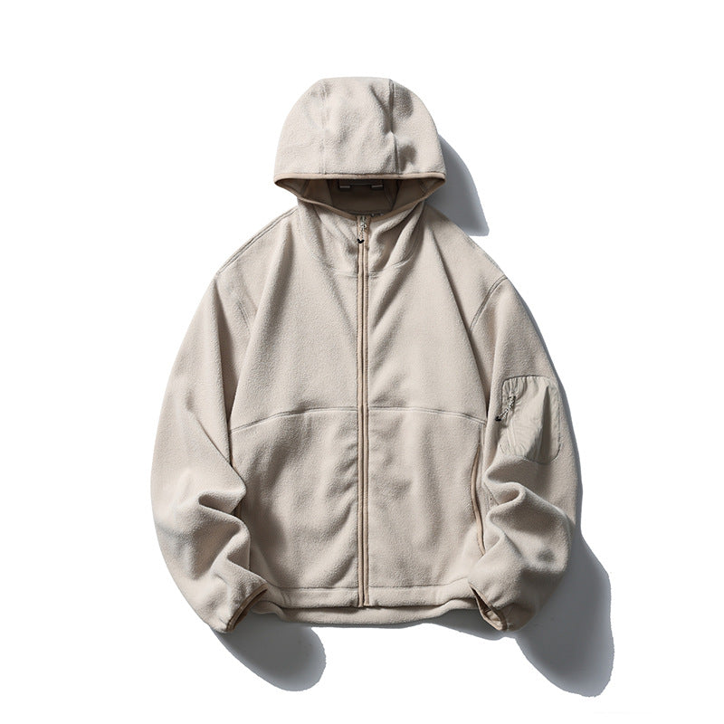 Sand beige hooded fleece-style zip jacket laid flat, front view with tonal zipper