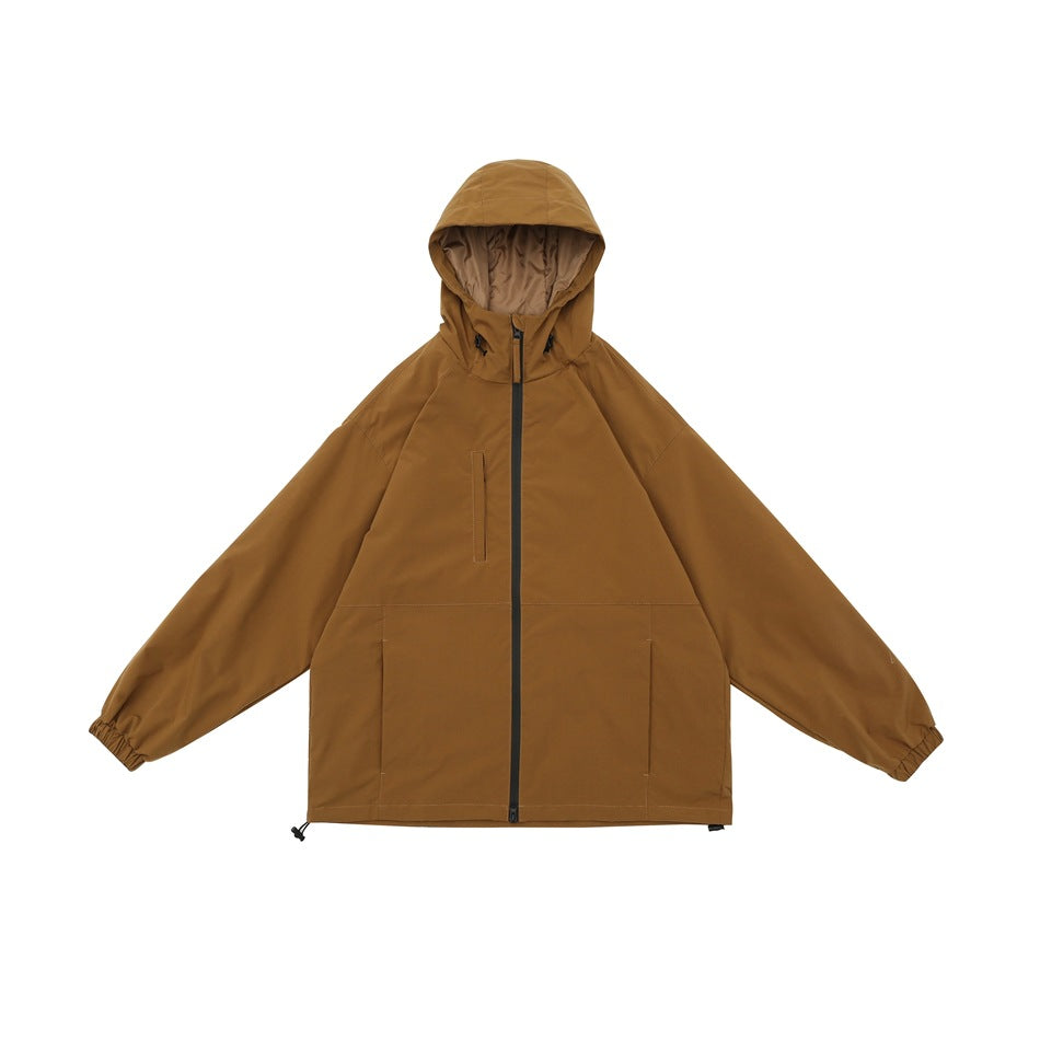 Front view of a brown hooded jacket with a black zipper, two lower pockets, and elastic cuffs.