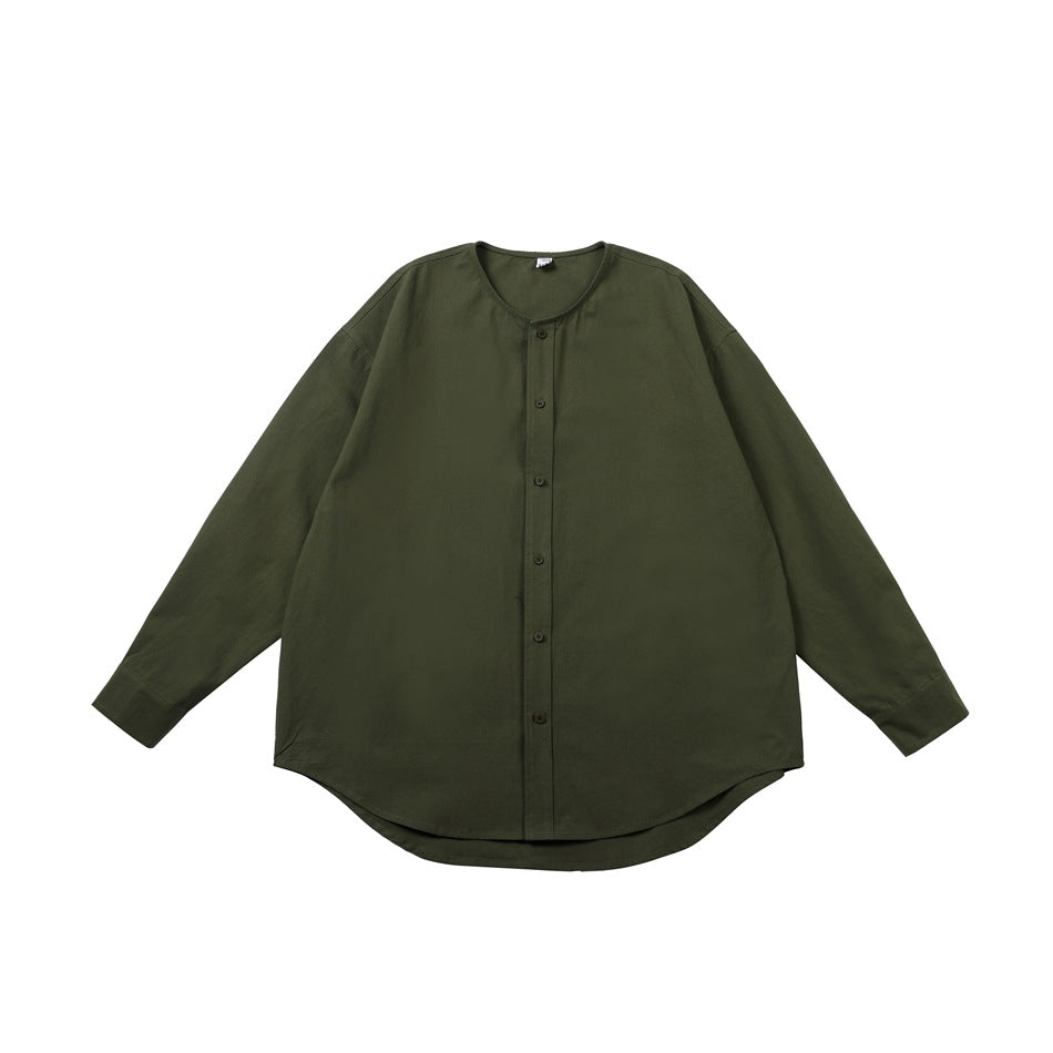 Army green long-sleeve collarless button-front shirt laid flat, front view with curved hem
