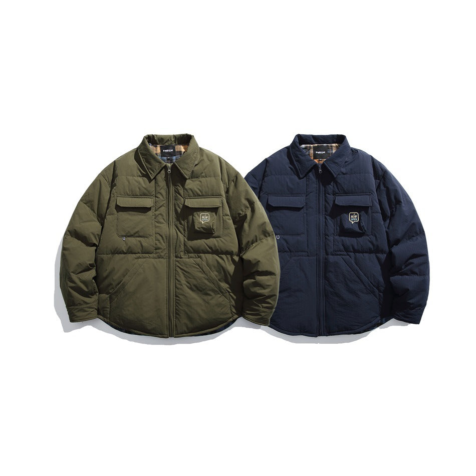 Two quilted jackets shown side by side in olive green and navy, each with a collar and flap chest pockets.