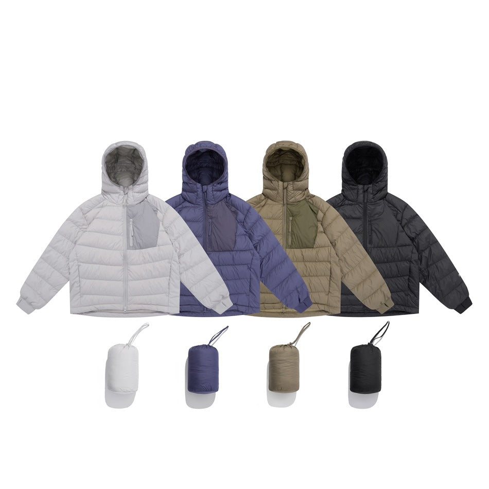 Four hooded puffer jackets in light gray, blue-purple, khaki and black are shown with matching stuff sacks.