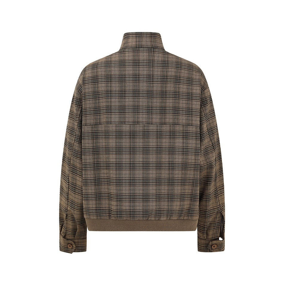 Back view of a brown plaid jacket with a stand collar, long sleeves and ribbed hem.