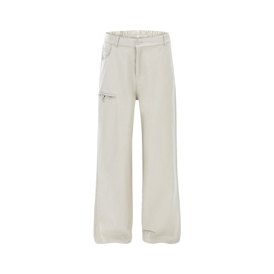 Front view of light beige wide-leg trousers with a button closure and a small utility pocket on one thigh.