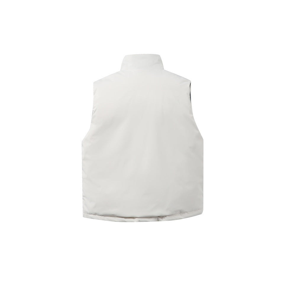 Back view of an ivory sleeveless vest with a stand collar, shown flat against a white background.
