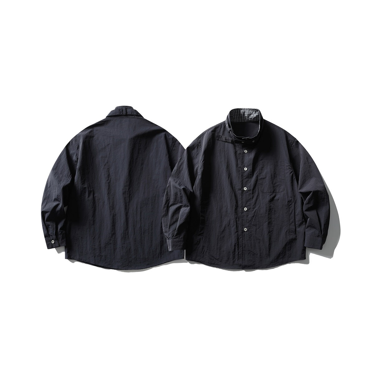 Dark charcoal button-up shirt shown from the front and back, with a check-lined collar and chest pocket.