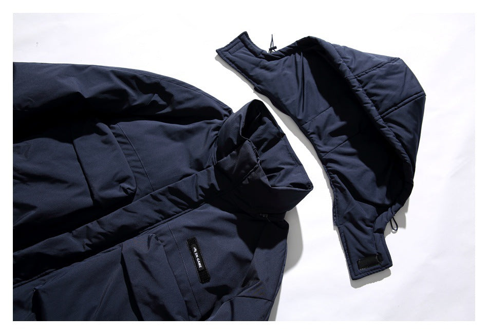 Dark navy hooded jacket laid flat, showing part of the front and a separate-looking hood section.