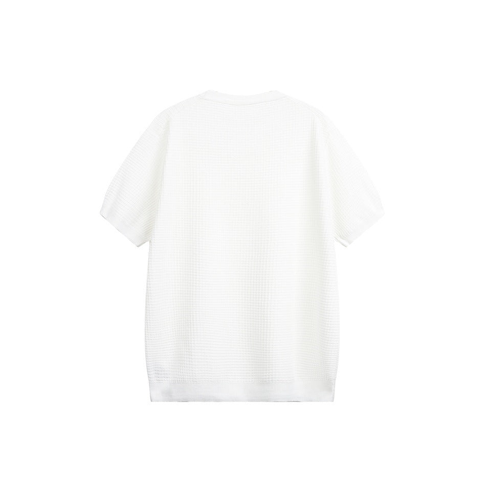 Back view of a white short-sleeve textured knit shirt with a ribbed crew neck and hem.