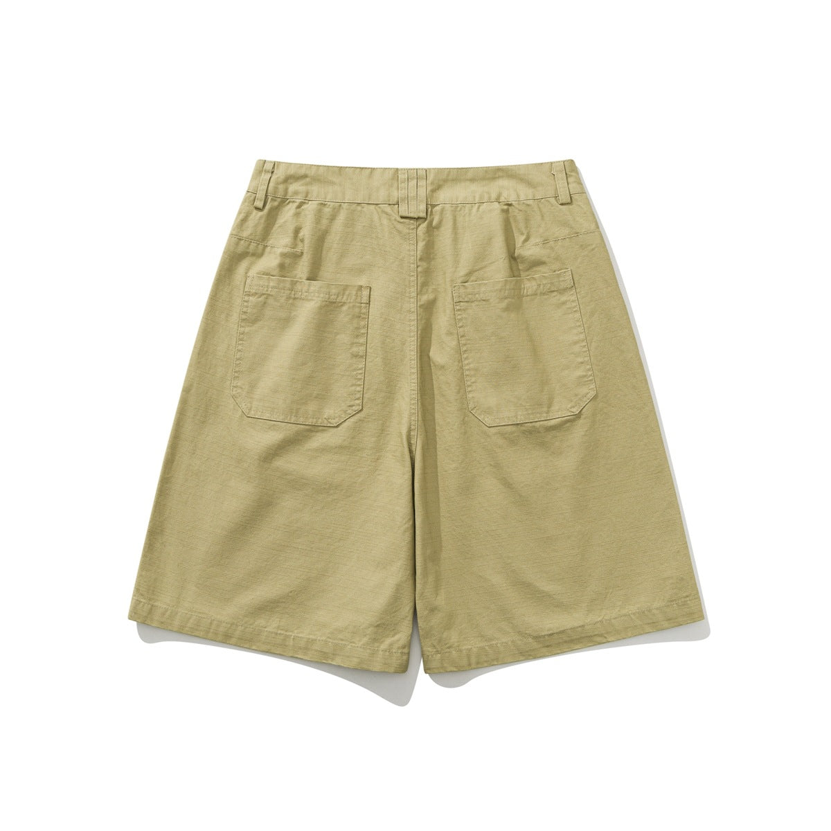 Back view of khaki shorts with two patch pockets, belt loops and a wide straight-leg cut.