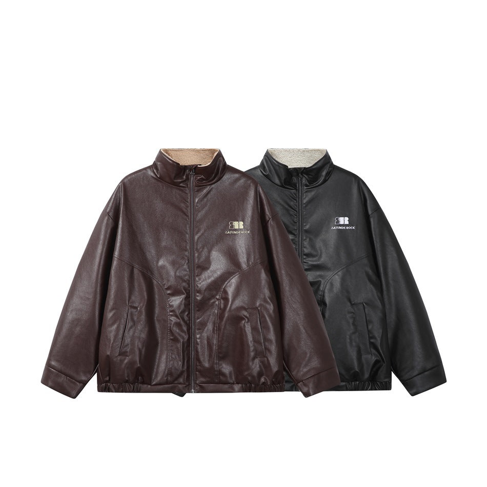 Dark brown and black zip-front jackets shown together, each with a tall collar and front pockets.