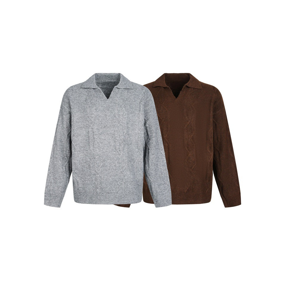 Front views of gray and dark brown long-sleeve cable-knit sweaters with open collars.