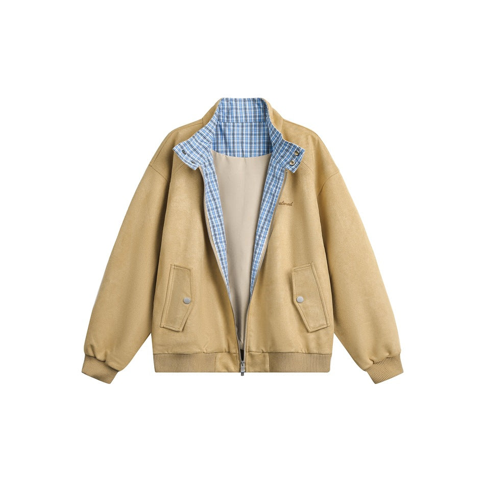 Khaki zip jacket partly open showing blue plaid inner lining, beige inner layer and snap collar tab, flat view