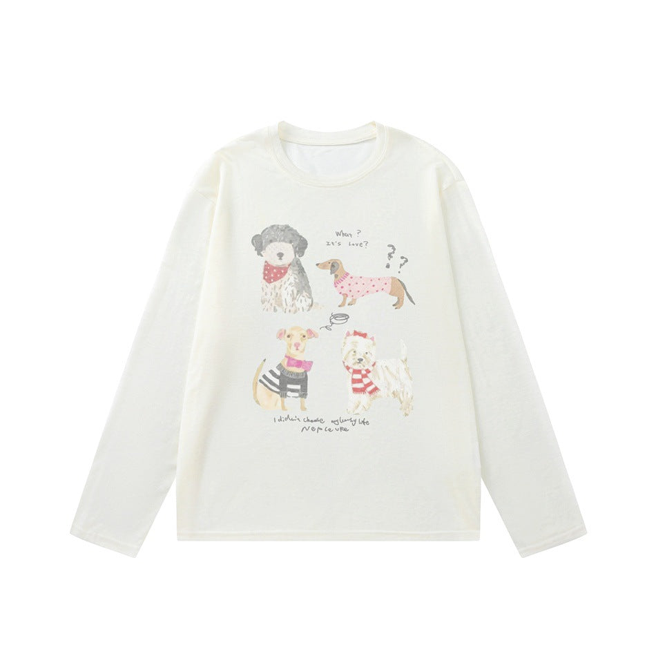 Off-white long-sleeve crew neck top with a watercolor four-dog print on the front, laid flat