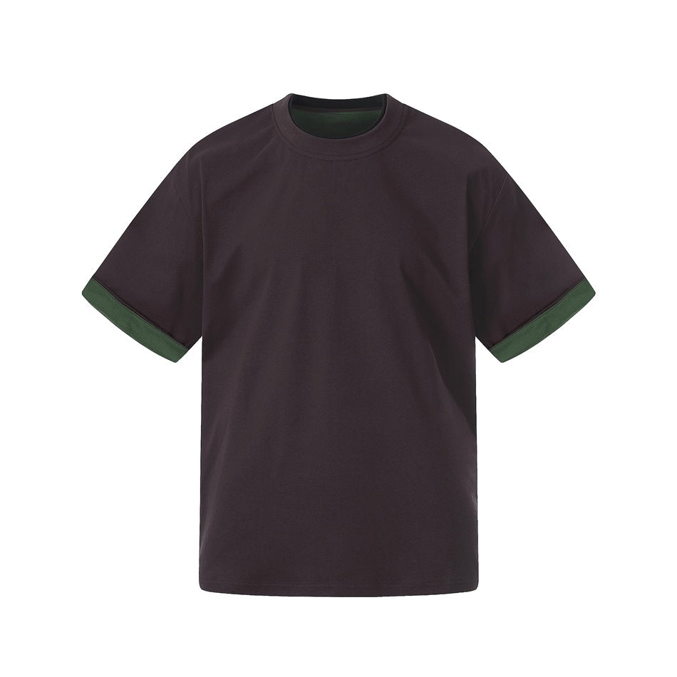 Dark purple-brown short-sleeve crew-neck T-shirt with green contrast cuffs and inner neckline, flat front view