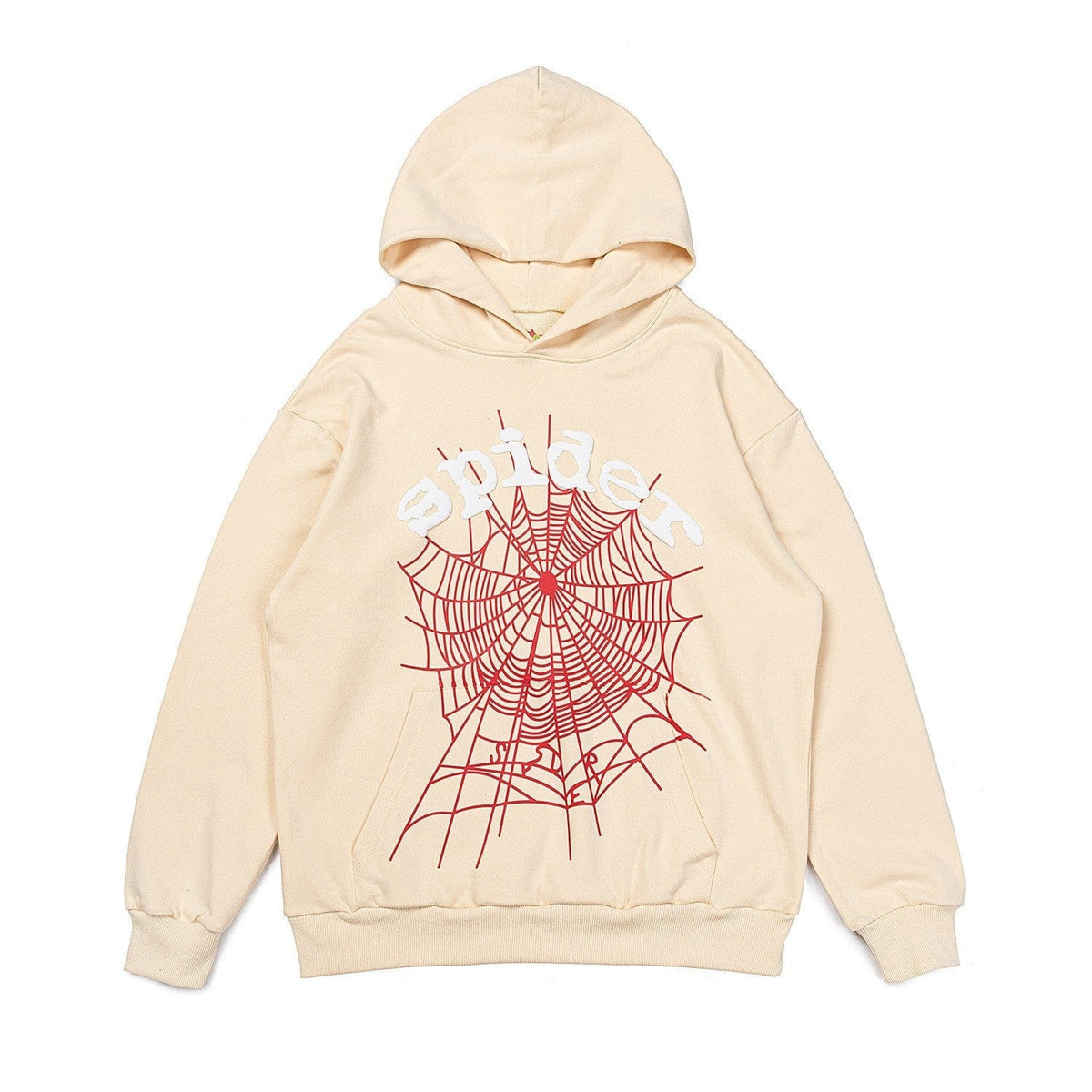 The Sp5der “Web Classic” Hoodie in cream beige is a 440GSM heavyweight oversized streetwear pullover, featuring a bold red spider web graphic and “spiders” text across the chest.