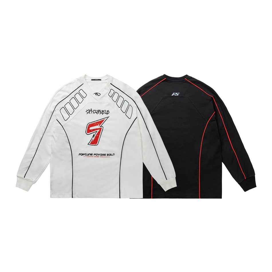 White front and black back views of a long-sleeve shirt with graphic prints and red or black piping.