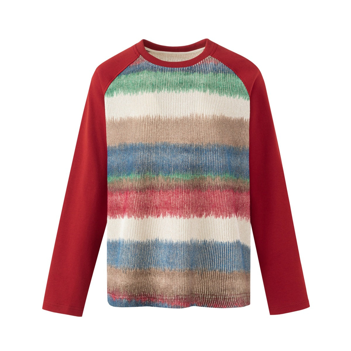 Orange-red raglan long-sleeve top with blurred multicolor striped ribbed knit-look front panel, flat view