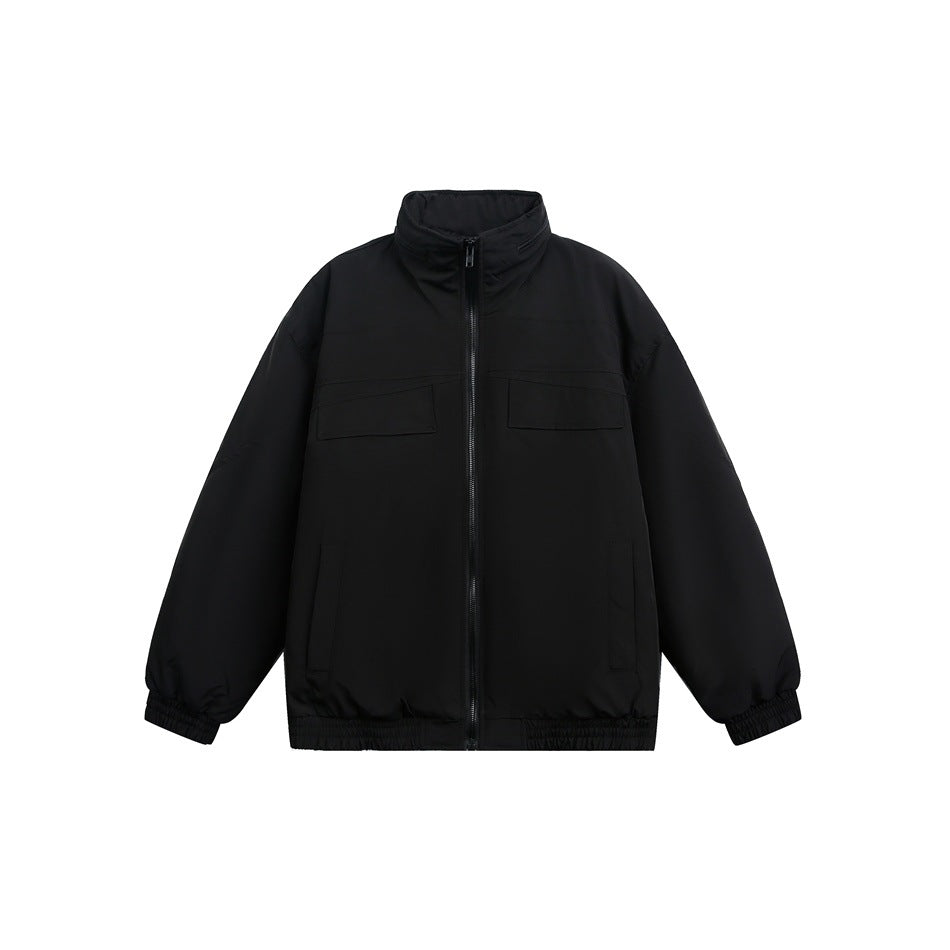 Black stand-collar zip jacket with chest flap pockets, front slip pockets and elastic cuffs and hem, flat front view