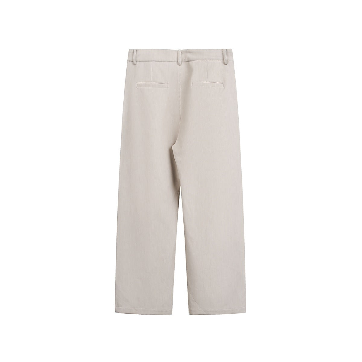 Rear view of light beige straight-leg trousers with belt loops and two welt pockets, shown flat on white.