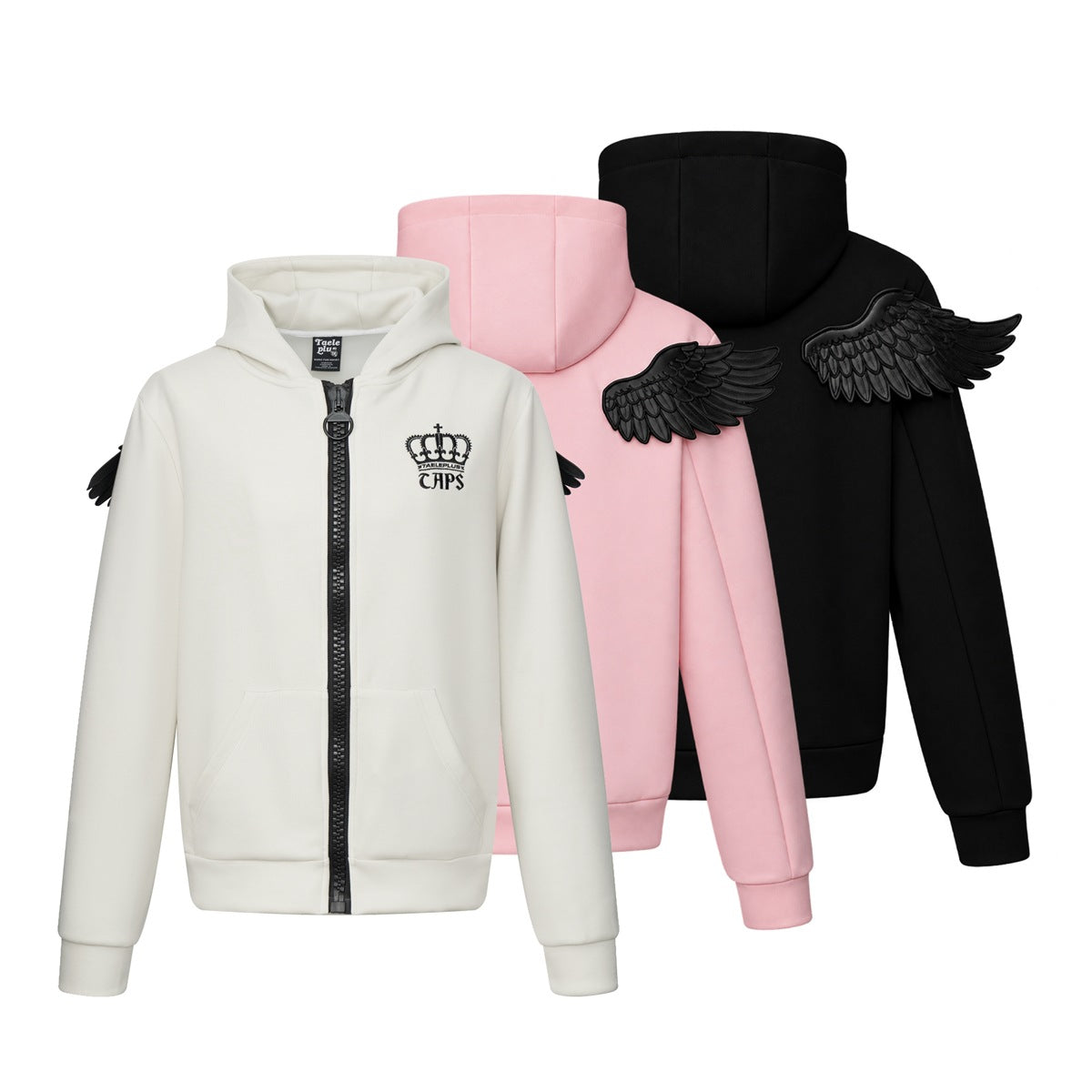 Off-white hoodie front and pink and black hoodie backs, with black wing details and a crown chest graphic.