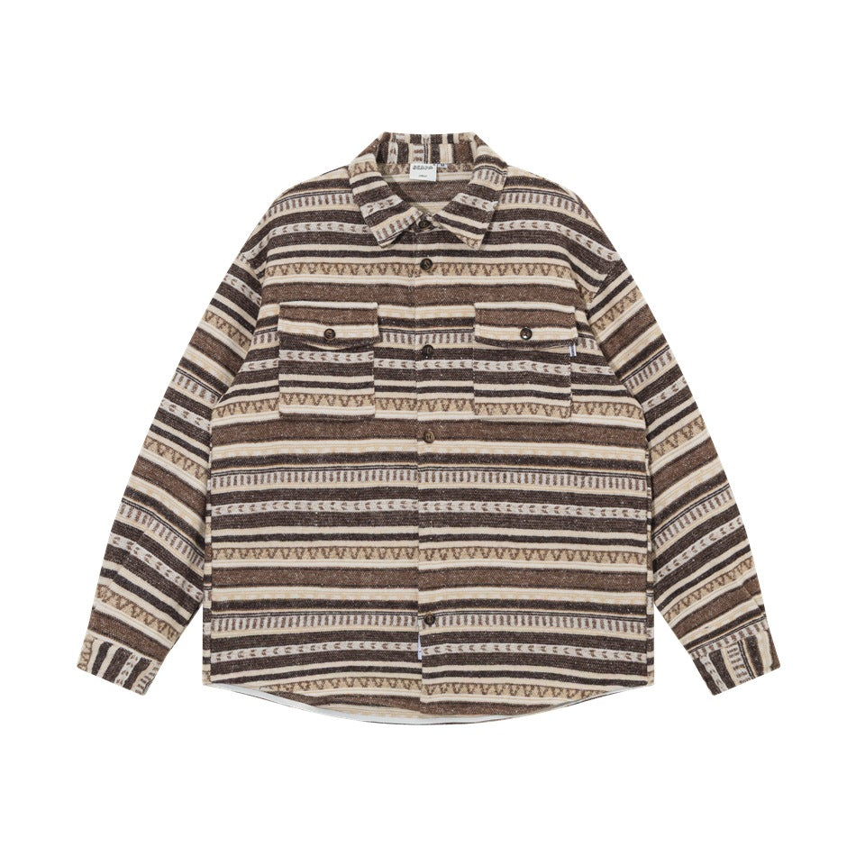 Brown and cream striped geometric long-sleeve shirt with two chest flap pockets, flat lay front view
