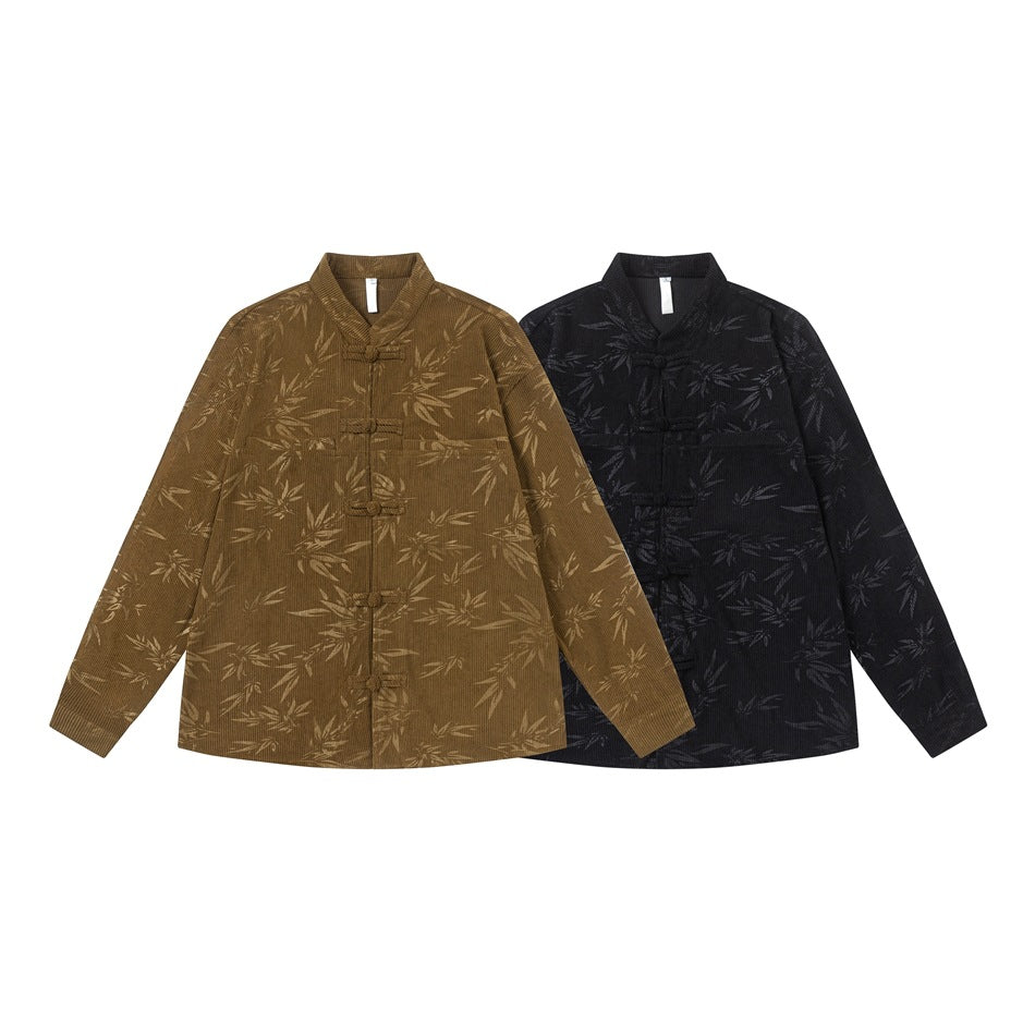 Two front-view jackets with bamboo patterns and frog closures, one brown and one black.