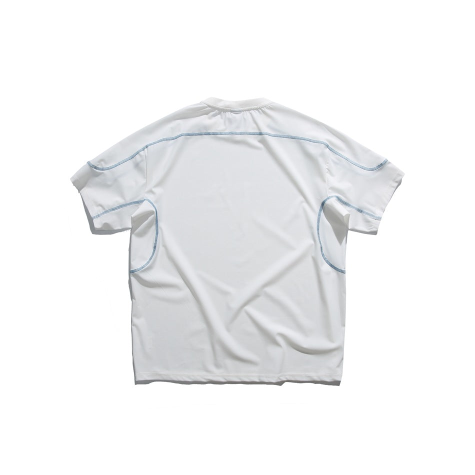 White short-sleeve T-shirt back view with light blue contrast stitching across the yoke and curved side panels
