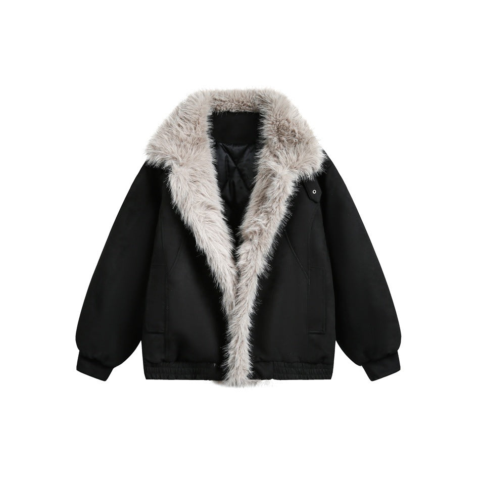 Front view of a black jacket with a wide light gray fur-trimmed collar, front pockets, and elasticized cuffs and hem.