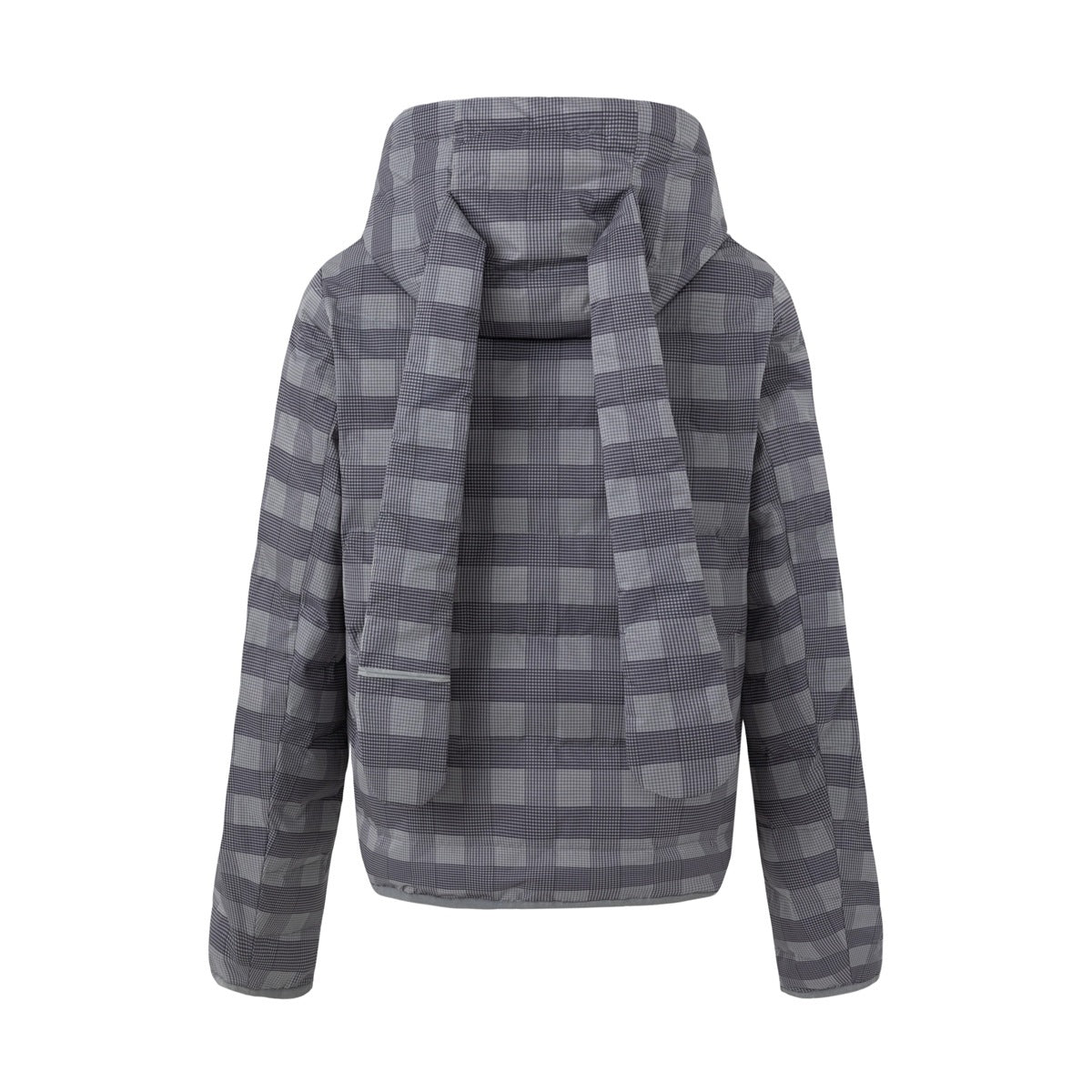 Back view of gray checked hooded jacket with two long rabbit-ear-style panels down the back and a pocket detail