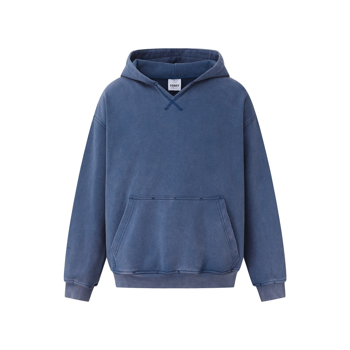 Blue washed pullover hoodie flat lay with kangaroo pocket, ribbed cuffs and hem, and X stitch at the neckline