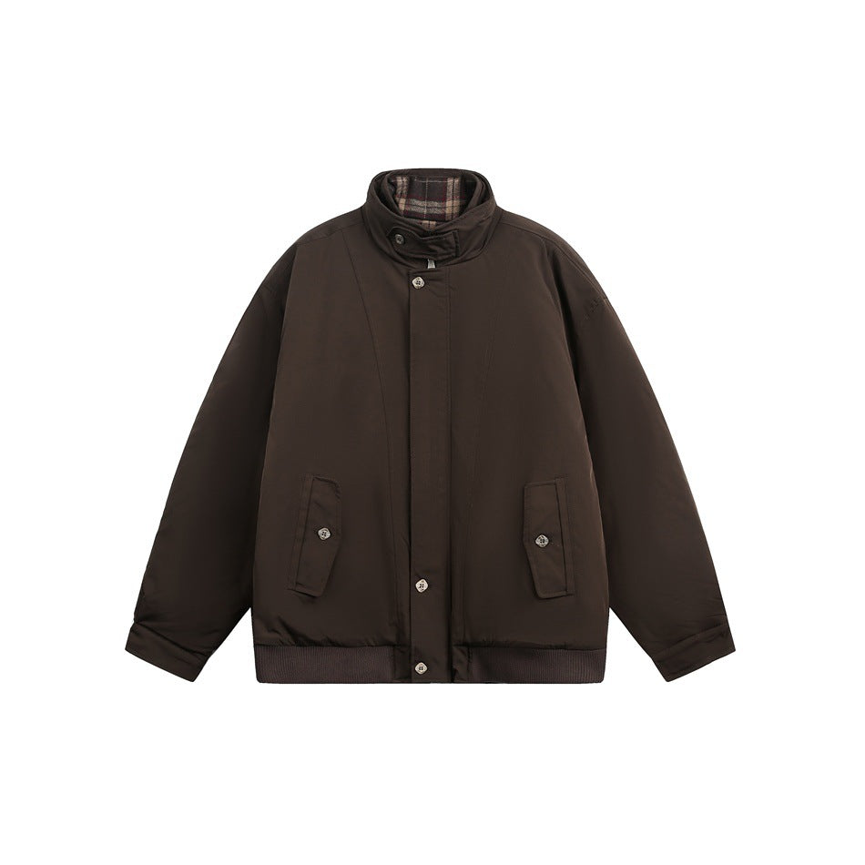 Dark brown stand-collar jacket with plaid collar insert, flap pockets and ribbed hem, flat front view