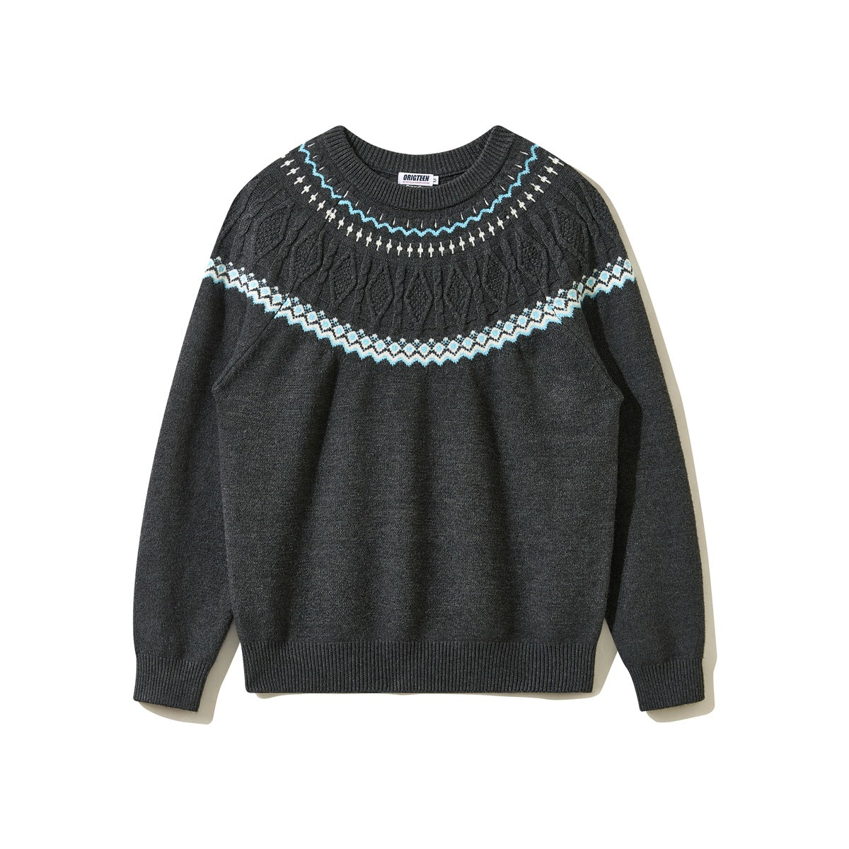 Dark gray crew-neck knit sweater with light blue and white Fair Isle yoke pattern, flat lay front view