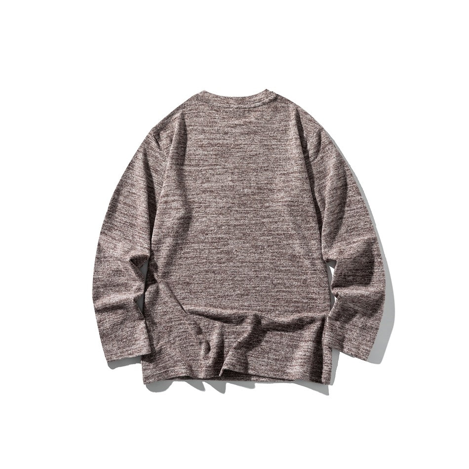 Full view of a brown marled long-sleeve crewneck shirt laid flat, showing the back.
