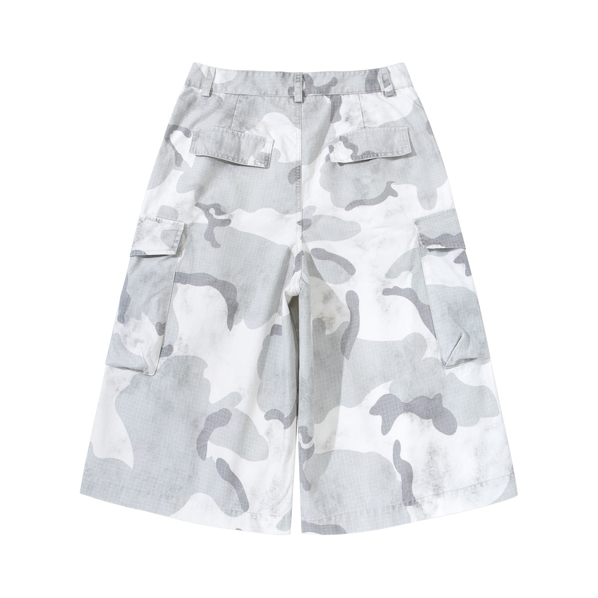 Back of gray and white camouflage cargo shorts showing two flap back pockets and side cargo pockets