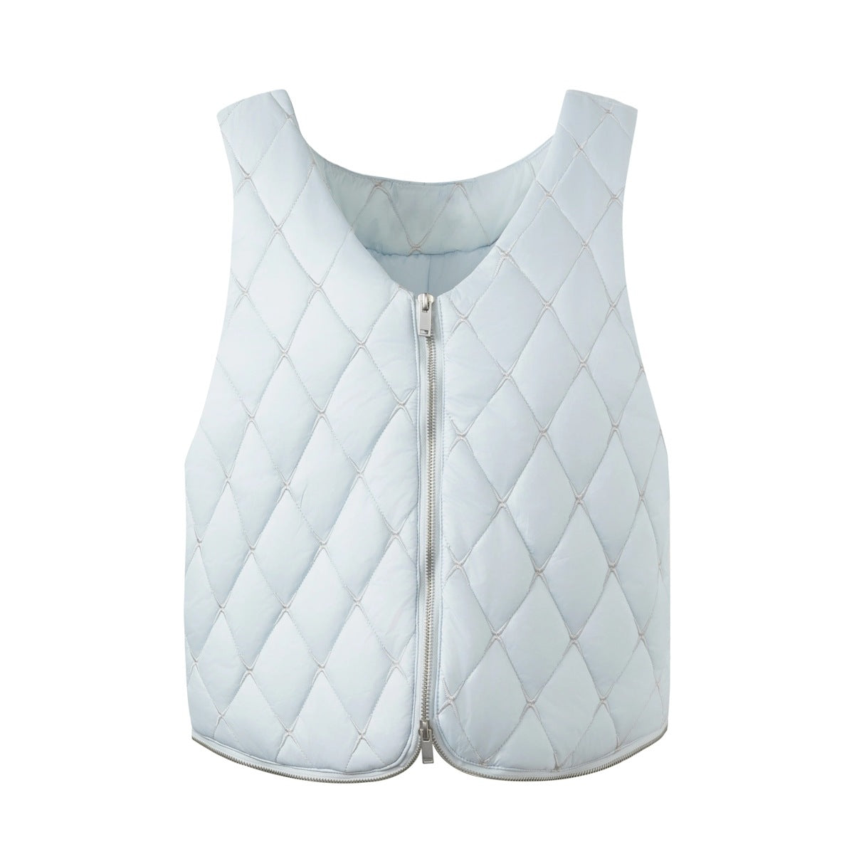 Pale blue diamond-quilted sleeveless vest with V-neck and silver-tone front zipper, flat front view
