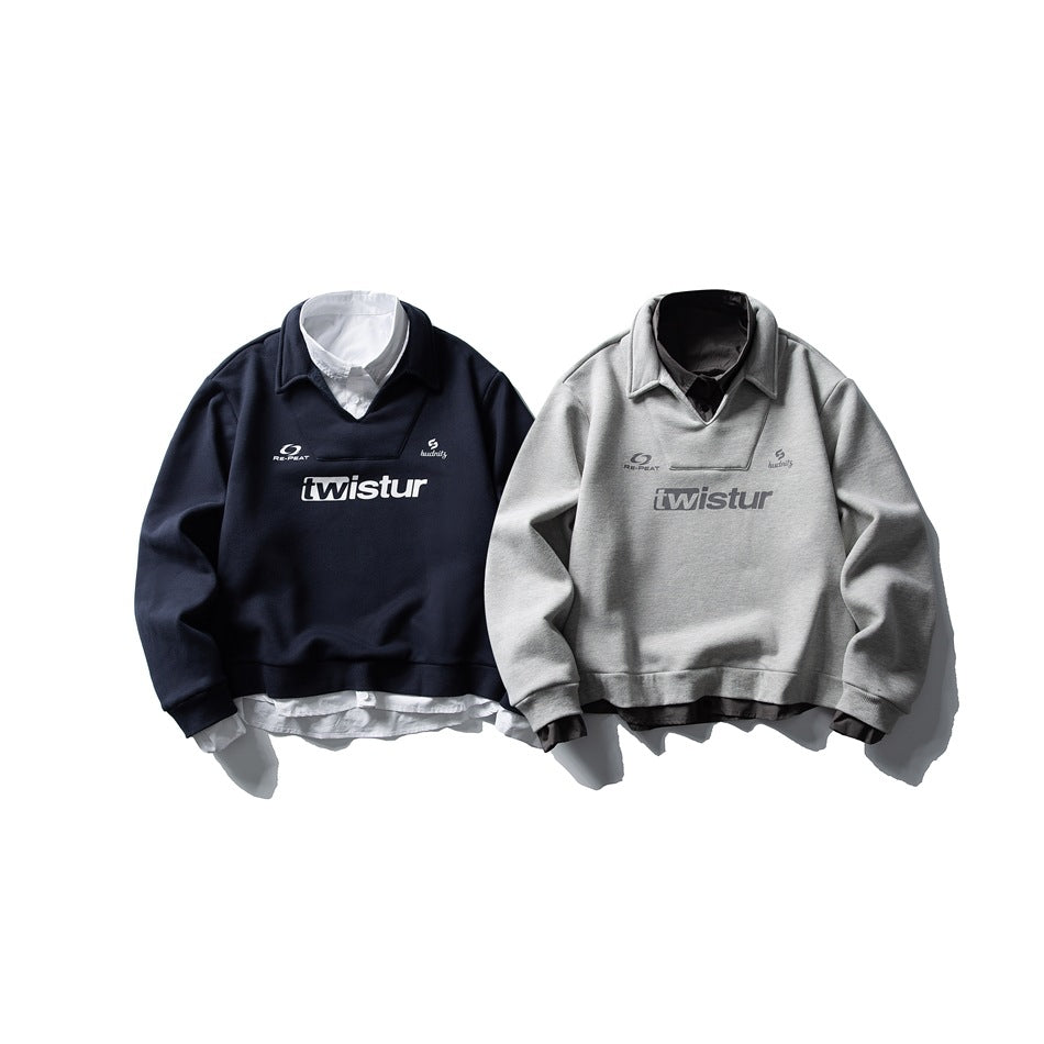 Two front-facing sweatshirts side by side: navy and light gray, each layered over a collared shirt.