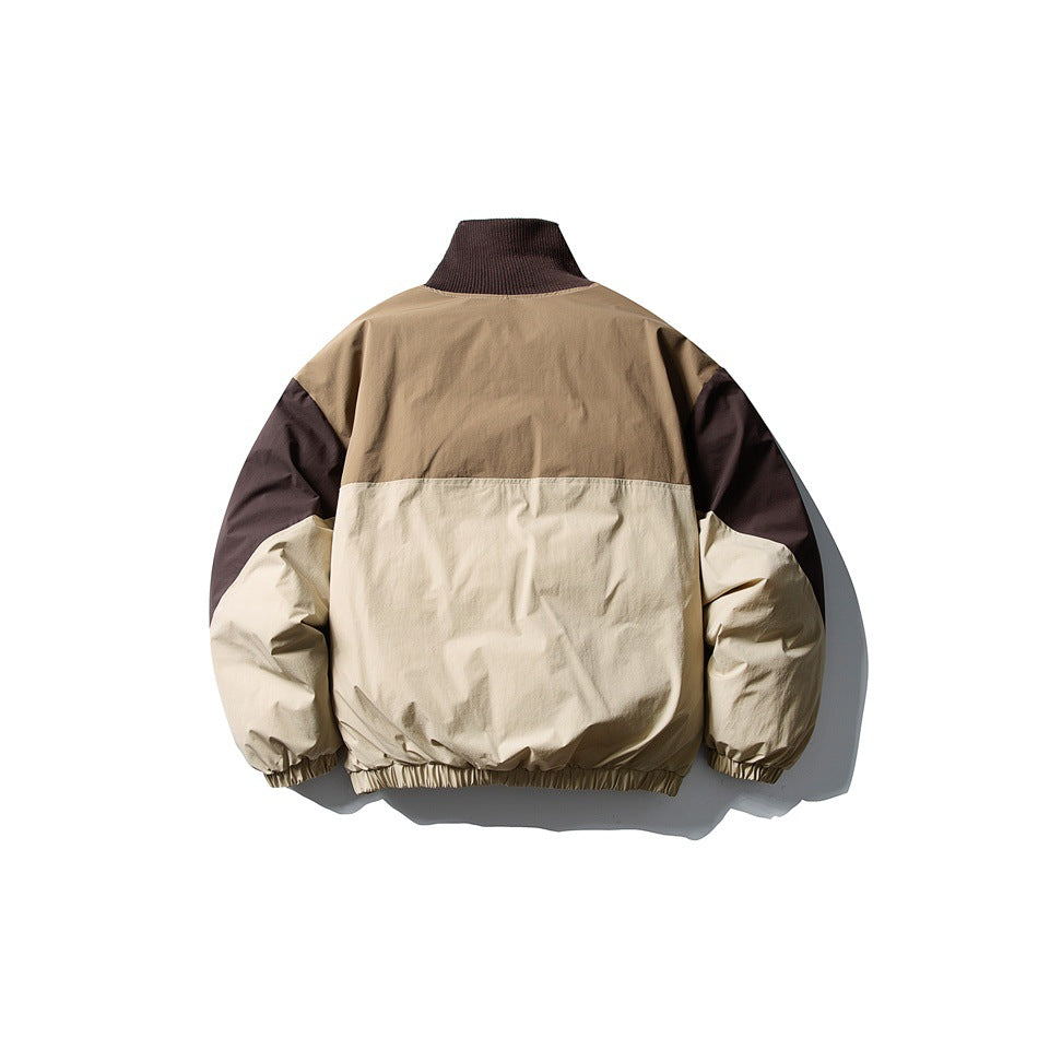Back view of khaki and brown color-block jacket with ribbed stand collar and elastic cuffs and hem
