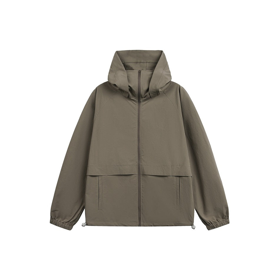 Brown hooded zip-up jacket flat lay with raglan sleeves, front flap panel, pockets and hem drawcord toggles