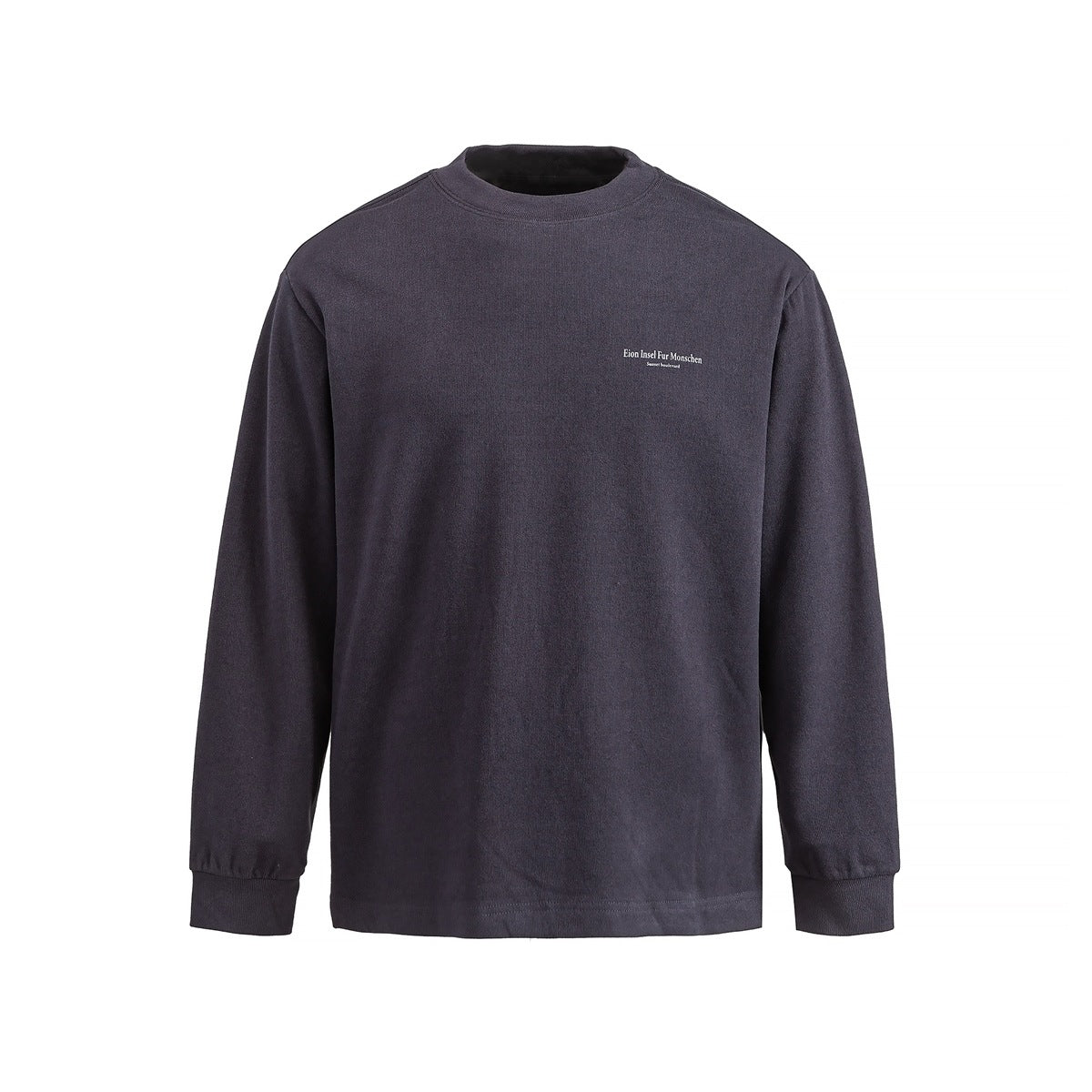 Charcoal gray long-sleeve mock-neck top with ribbed cuffs and small white text print on left chest, flat front view