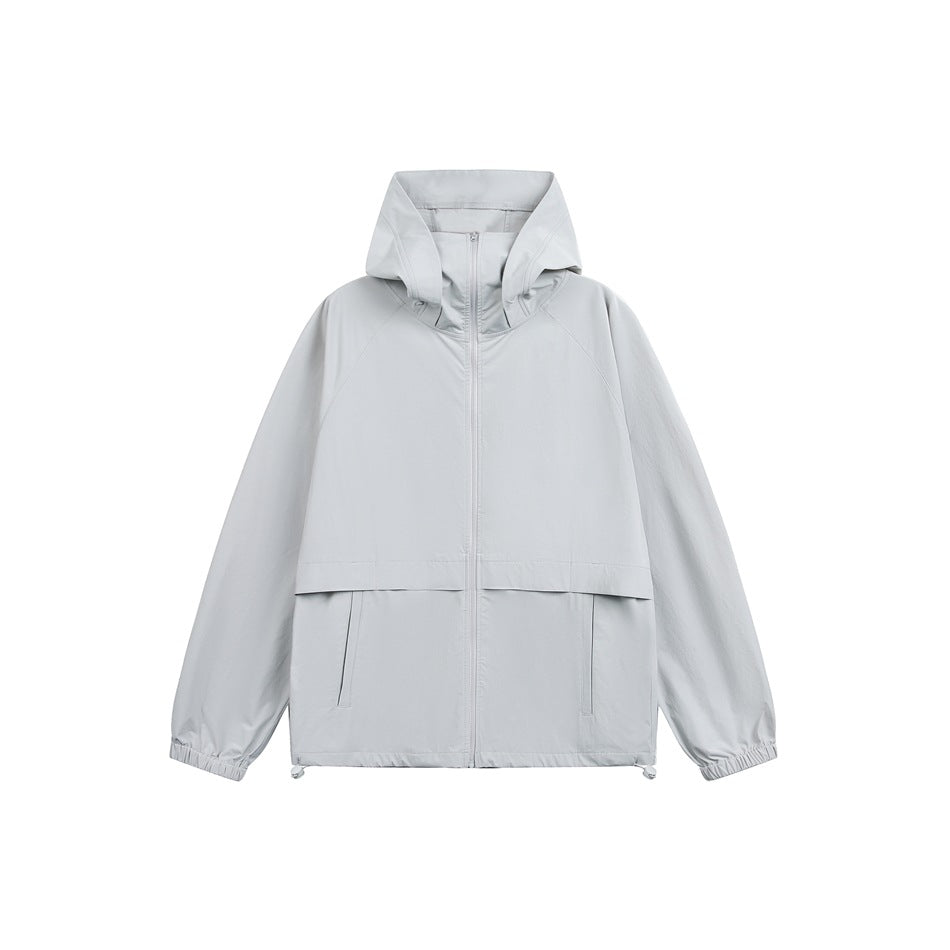 Light gray hooded zip-up jacket flat lay with front flap panel, vertical pockets, elastic cuffs and hem toggles