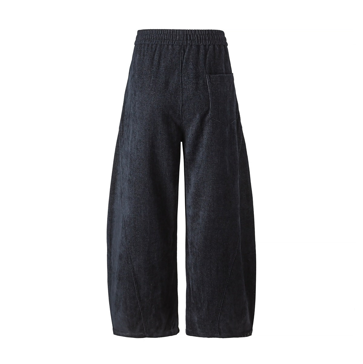 Back view of dark wide-leg pants with an elastic waistband and a patch pocket.