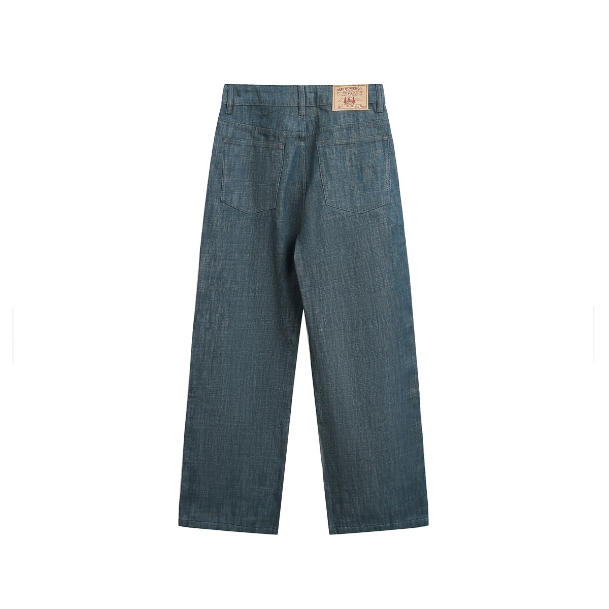 Back view of dark blue wide-leg pants with two rear pockets and a small waistband label.