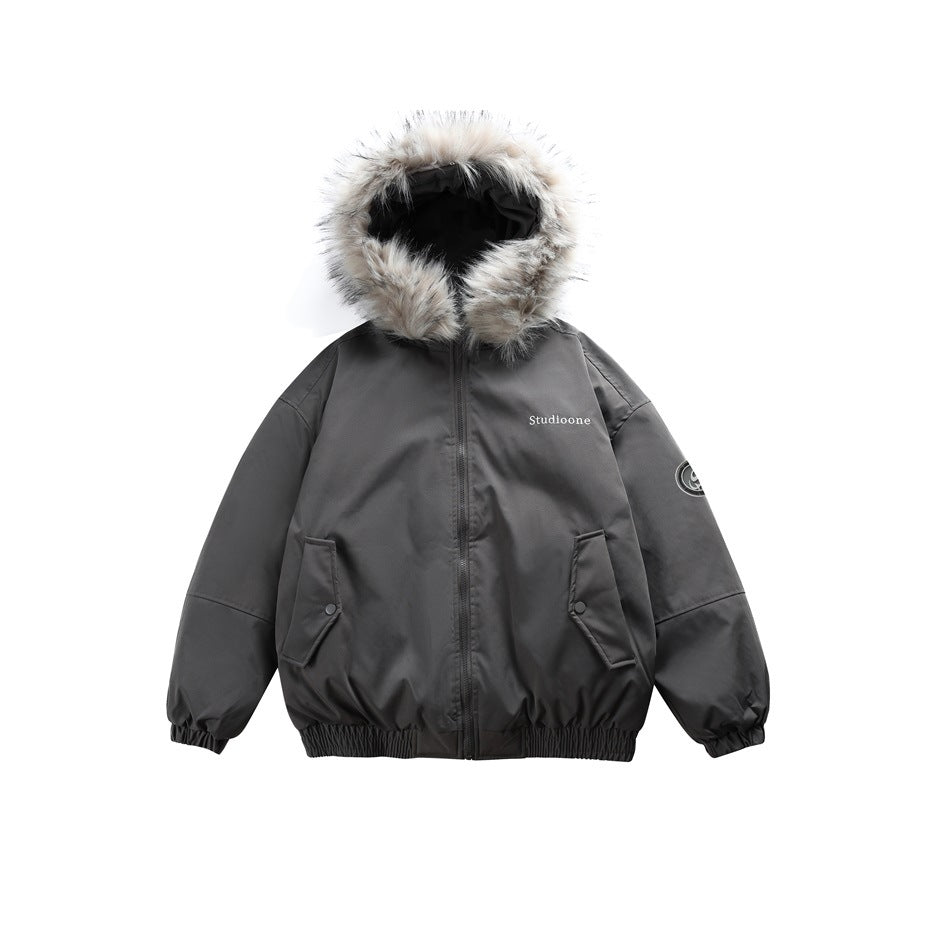 Dark gray zip-front hooded jacket with fur-style hood trim, snap-flap pockets and elastic cuffs, flat front view