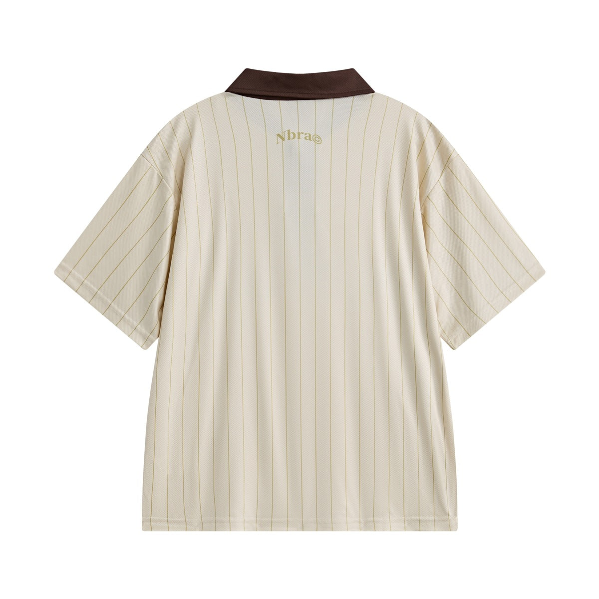 Back view of beige pinstripe polo shirt with dark brown collar and small Nbra print at the upper back