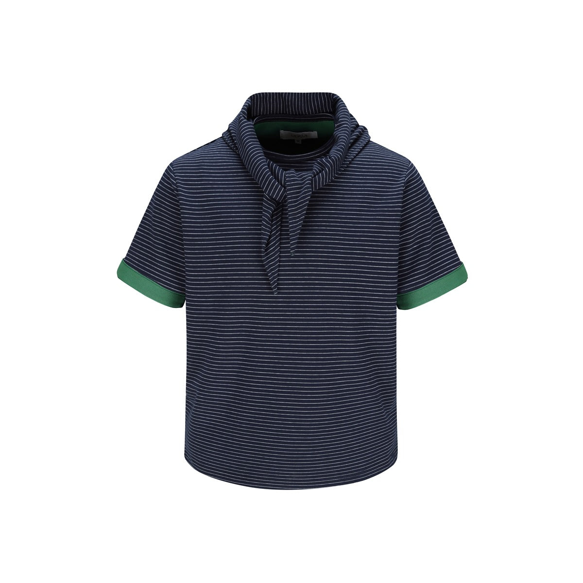 Navy blue striped short-sleeve T-shirt with scarf-style neck tie and green folded cuffs, flat front view