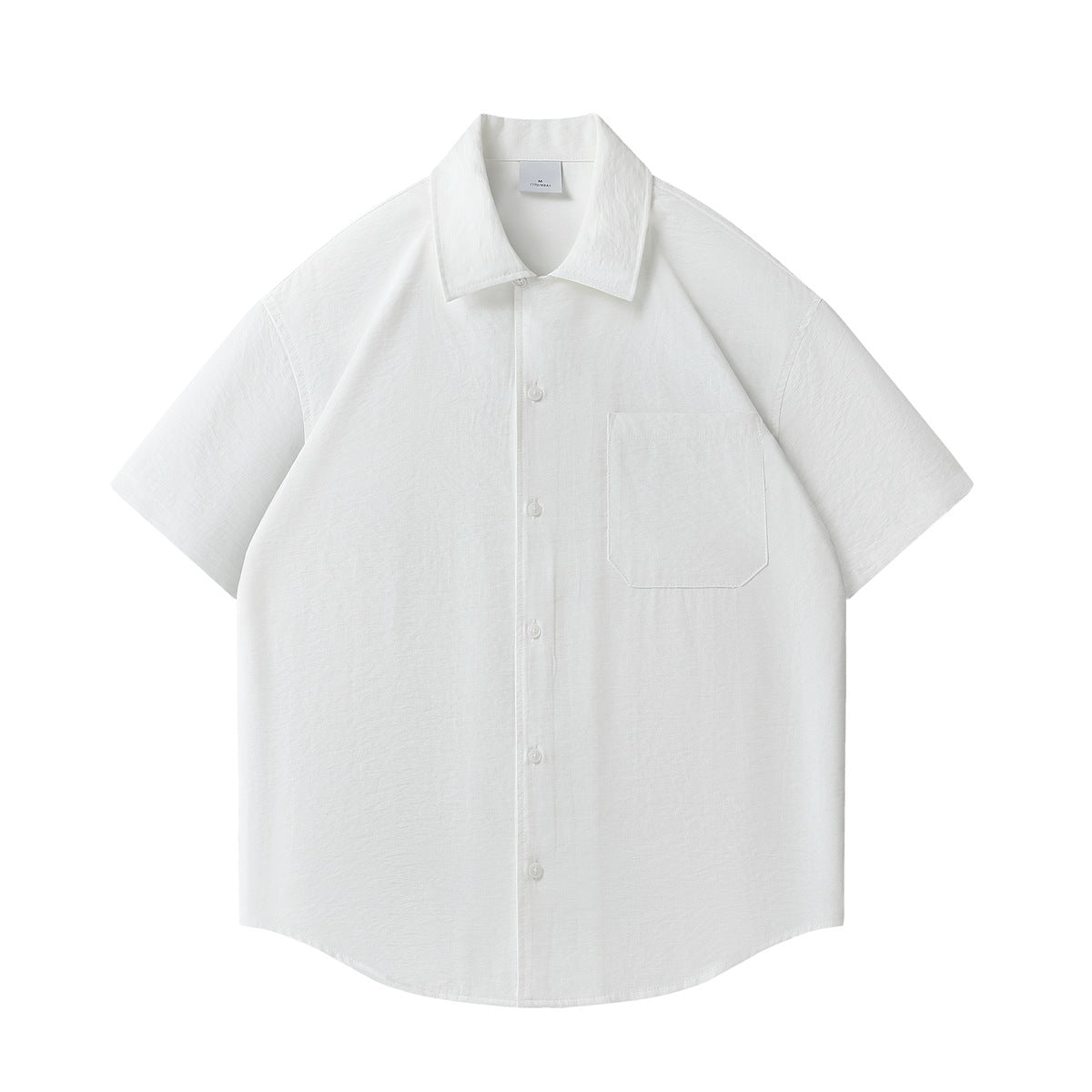 White short-sleeve button-up shirt with point collar and chest pocket, flat front view