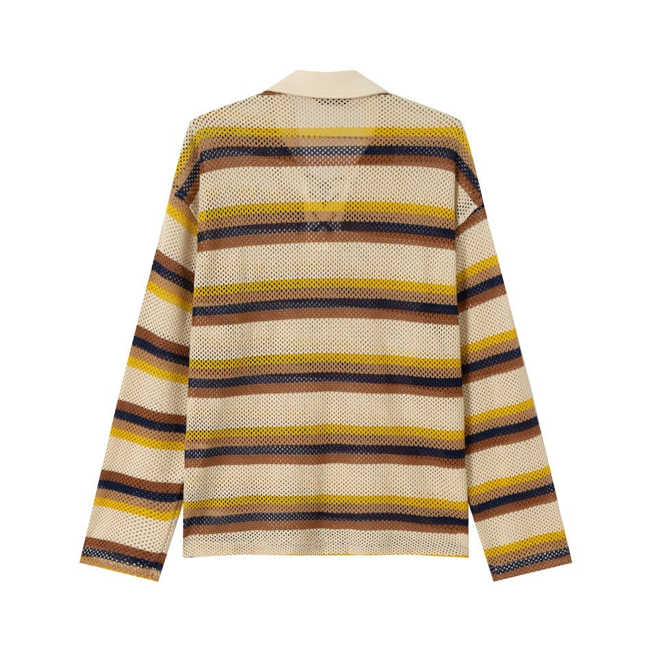 Back view of a cream open-knit long-sleeve shirt with yellow, brown and navy horizontal stripes and a plain collar.
