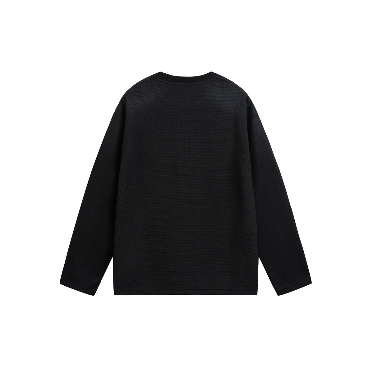 Back view of a plain black long-sleeve crewneck top.